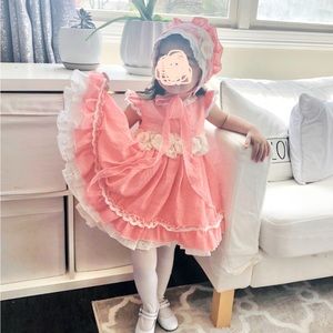 Gorgeous Coral Dress with Bloomers and Bonnet